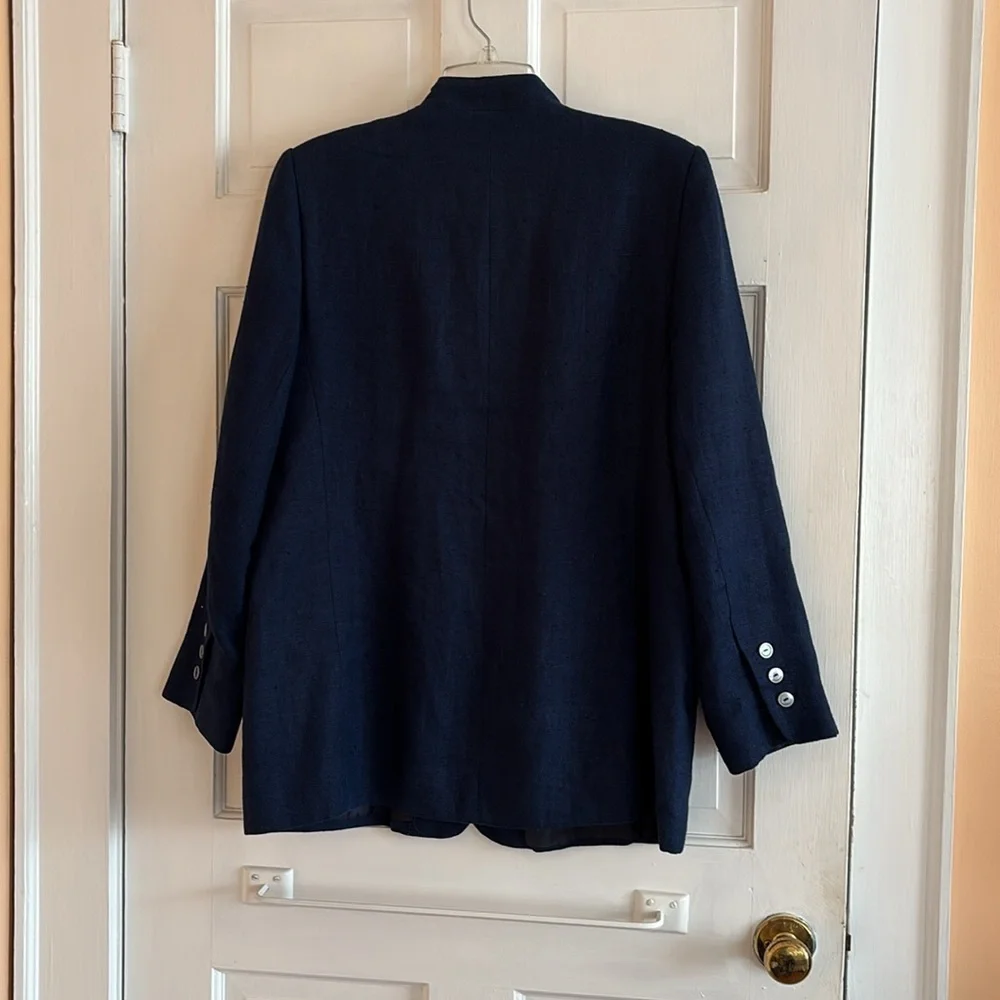 Navy linen blazer mandarin collar - Picture 2 of 7